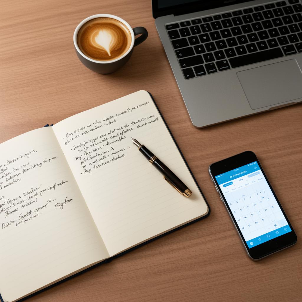 Espace de travail freelance avec notes et café